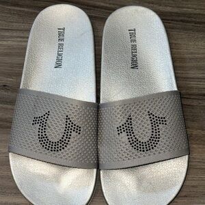 True Religion Metallic Silver Slide Sandals